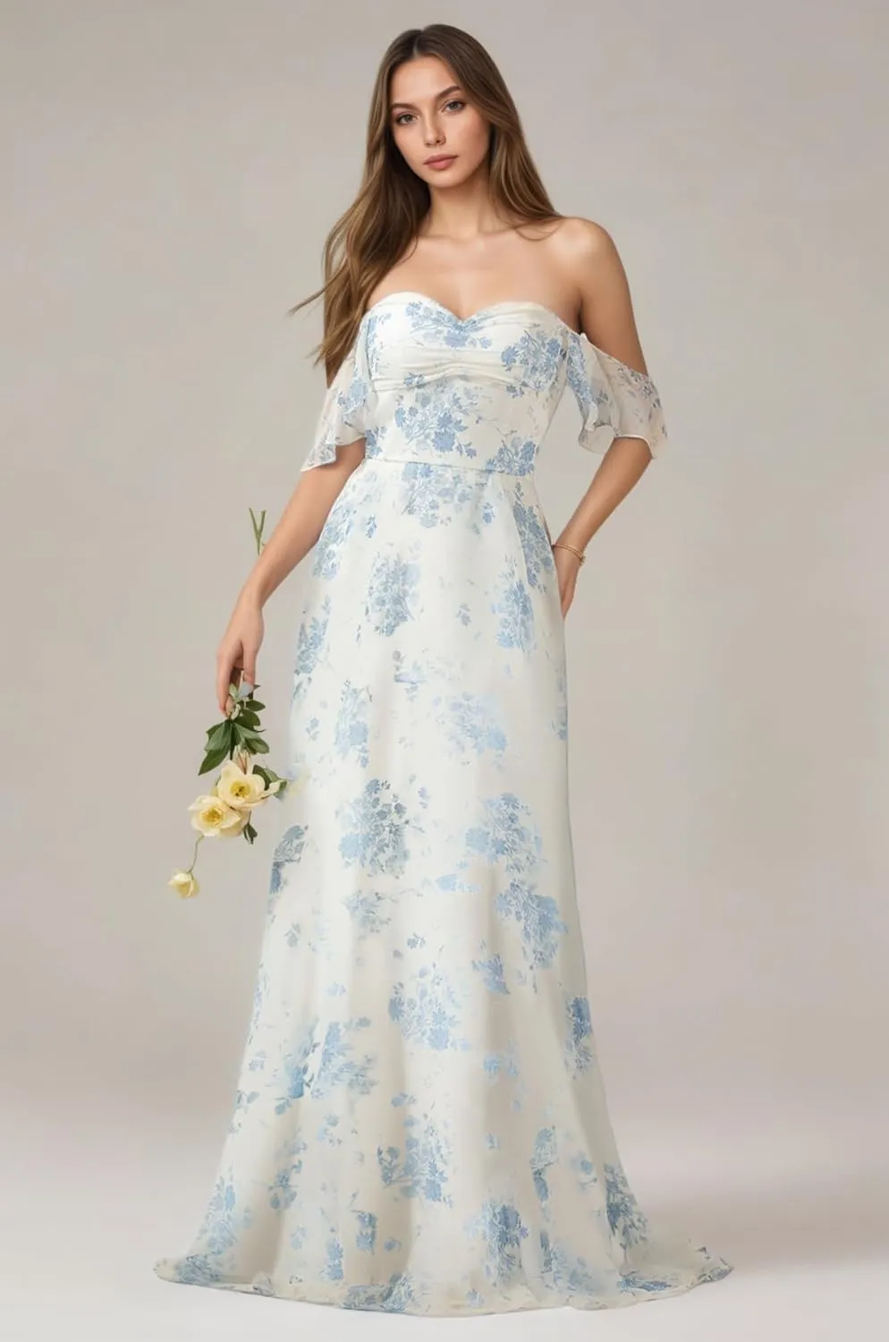 Cudiew Floral Chiffon Bridesmaid Dress for Wedding Ruffles Sleeves Sweetheart A Line Long Formal Gowns for Women