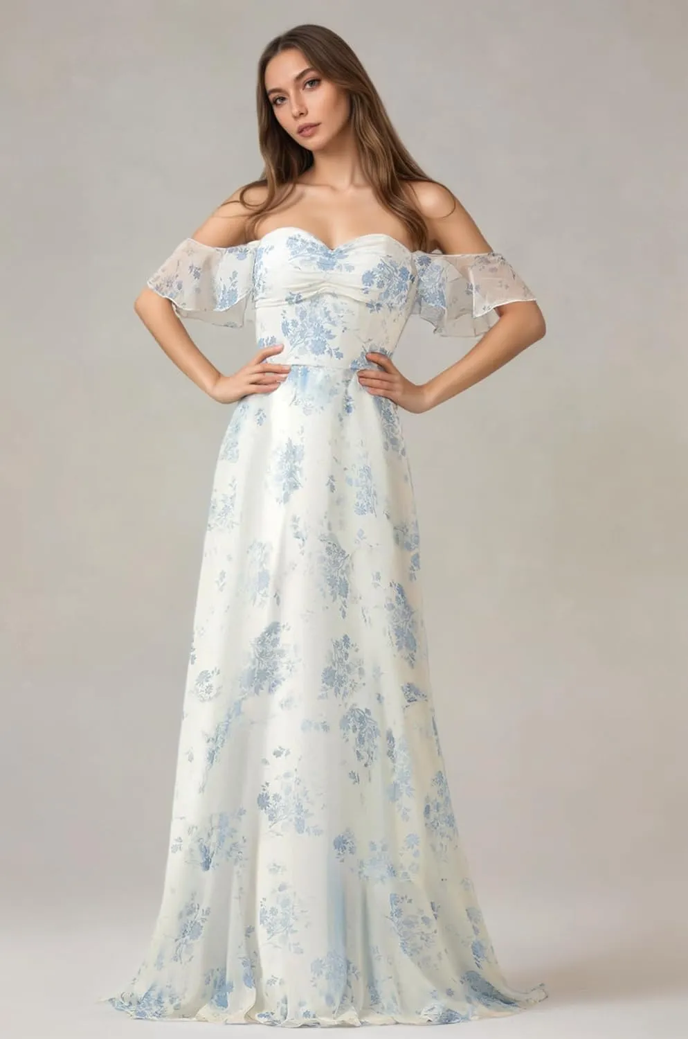 Cudiew Floral Chiffon Bridesmaid Dress for Wedding Ruffles Sleeves Sweetheart A Line Long Formal Gowns for Women