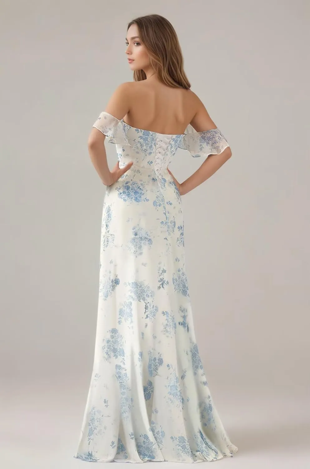 Cudiew Floral Chiffon Bridesmaid Dress for Wedding Ruffles Sleeves Sweetheart A Line Long Formal Gowns for Women