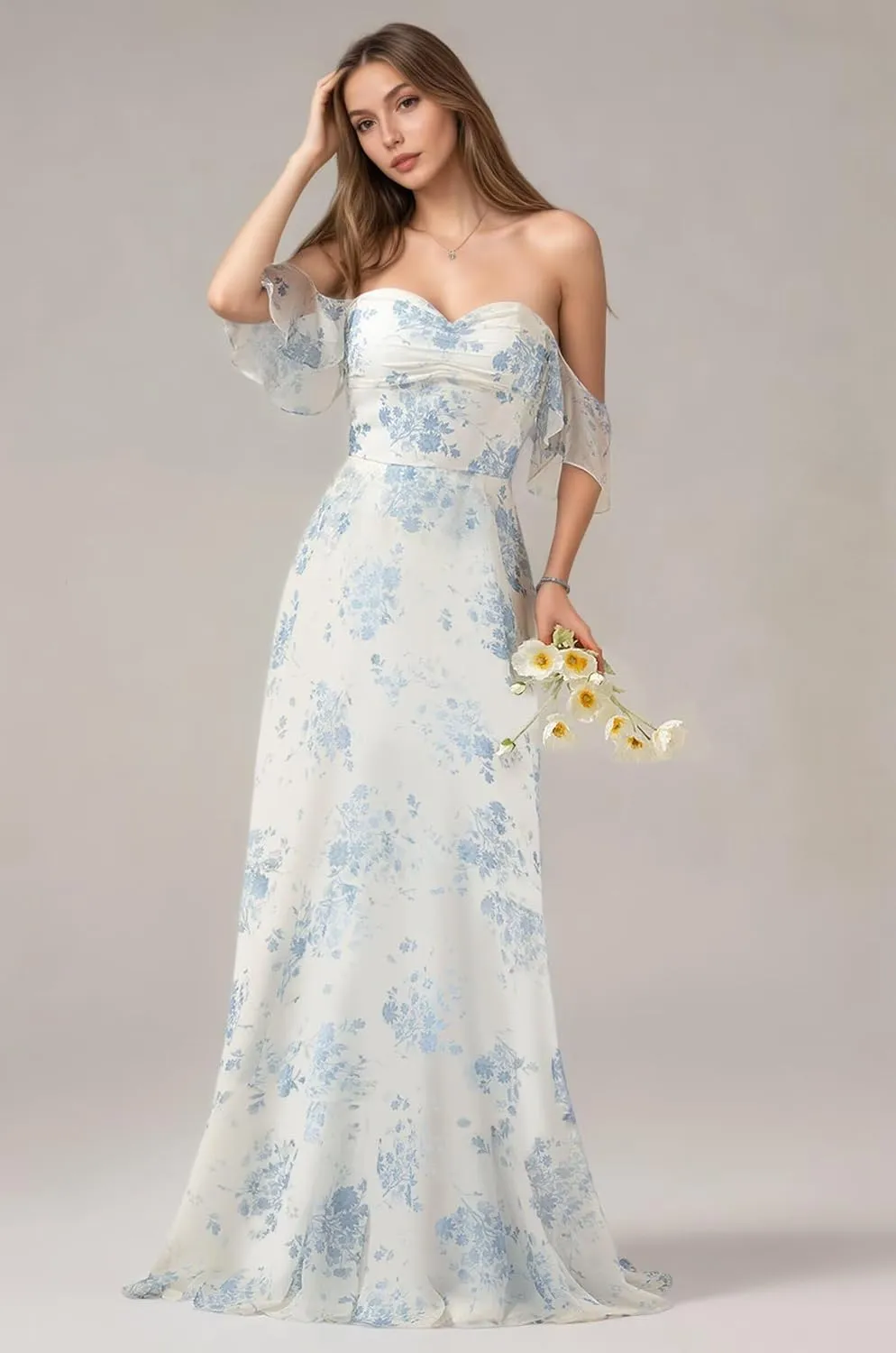 Cudiew Floral Chiffon Bridesmaid Dress for Wedding Ruffles Sleeves Sweetheart A Line Long Formal Gowns for Women