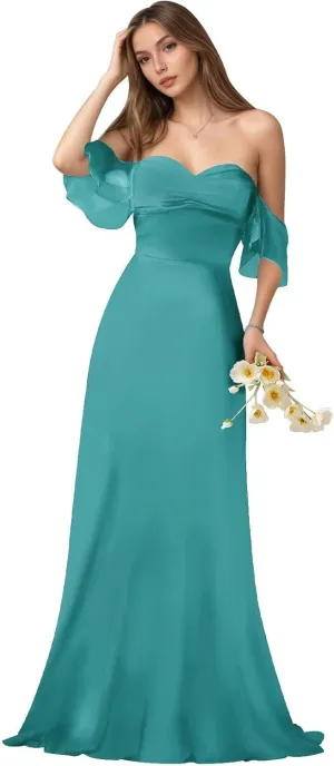 Cudiew Floral Chiffon Bridesmaid Dress for Wedding Ruffles Sleeves Sweetheart A Line Long Formal Gowns for Women
