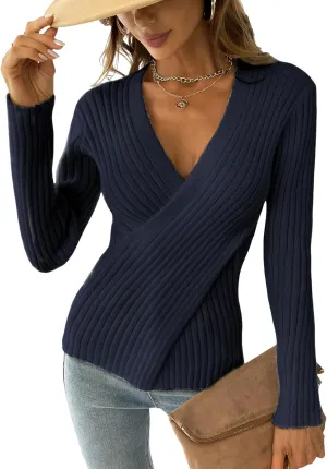 CUPSHE Women's Ribbed Long Sleeve Sweater 2024 Fall Knit V Neck Pullover Sweater Tops