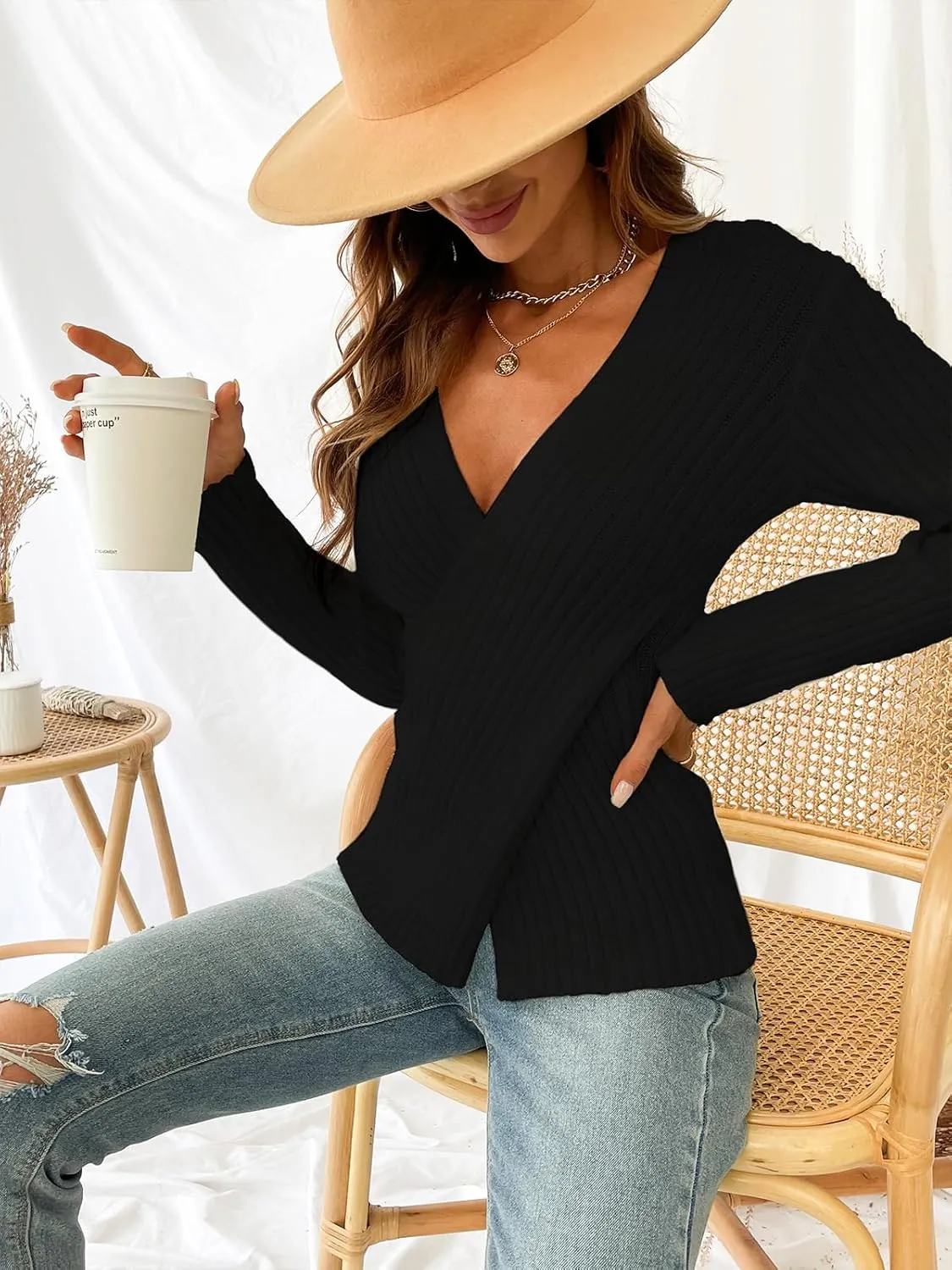 CUPSHE Women's Ribbed Long Sleeve Sweater 2024 Fall Knit V Neck Pullover Sweater Tops