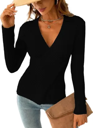 CUPSHE Women's Ribbed Long Sleeve Sweater 2024 Fall Knit V Neck Pullover Sweater Tops