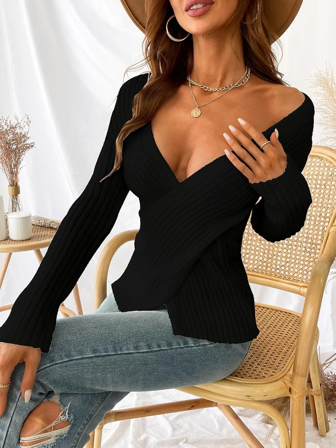 CUPSHE Women's Ribbed Long Sleeve Sweater 2024 Fall Knit V Neck Pullover Sweater Tops