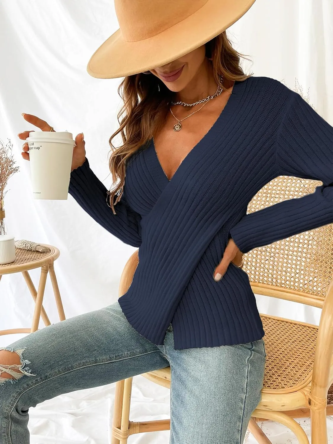 CUPSHE Women's Ribbed Long Sleeve Sweater 2024 Fall Knit V Neck Pullover Sweater Tops