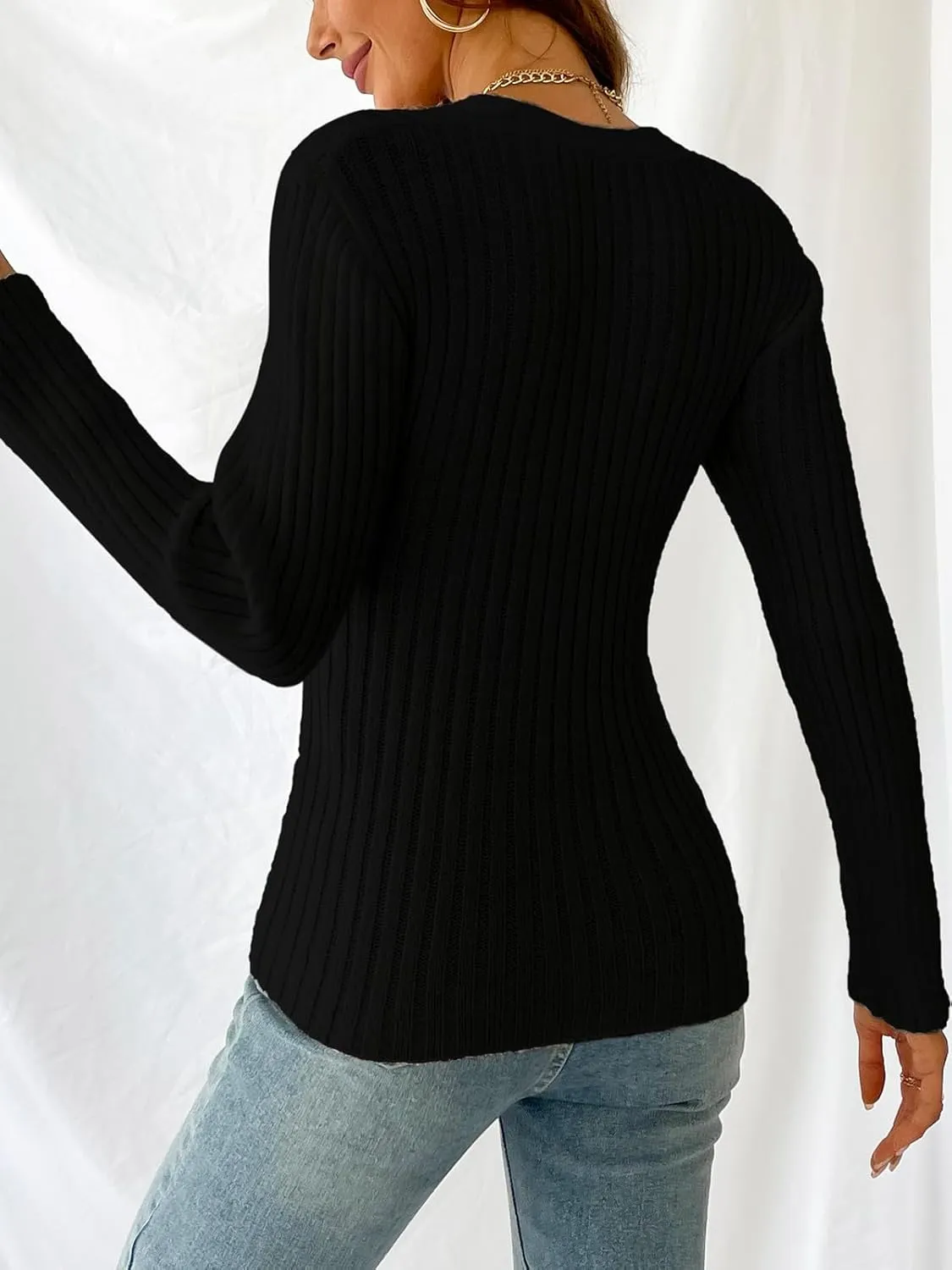 CUPSHE Women's Ribbed Long Sleeve Sweater 2024 Fall Knit V Neck Pullover Sweater Tops