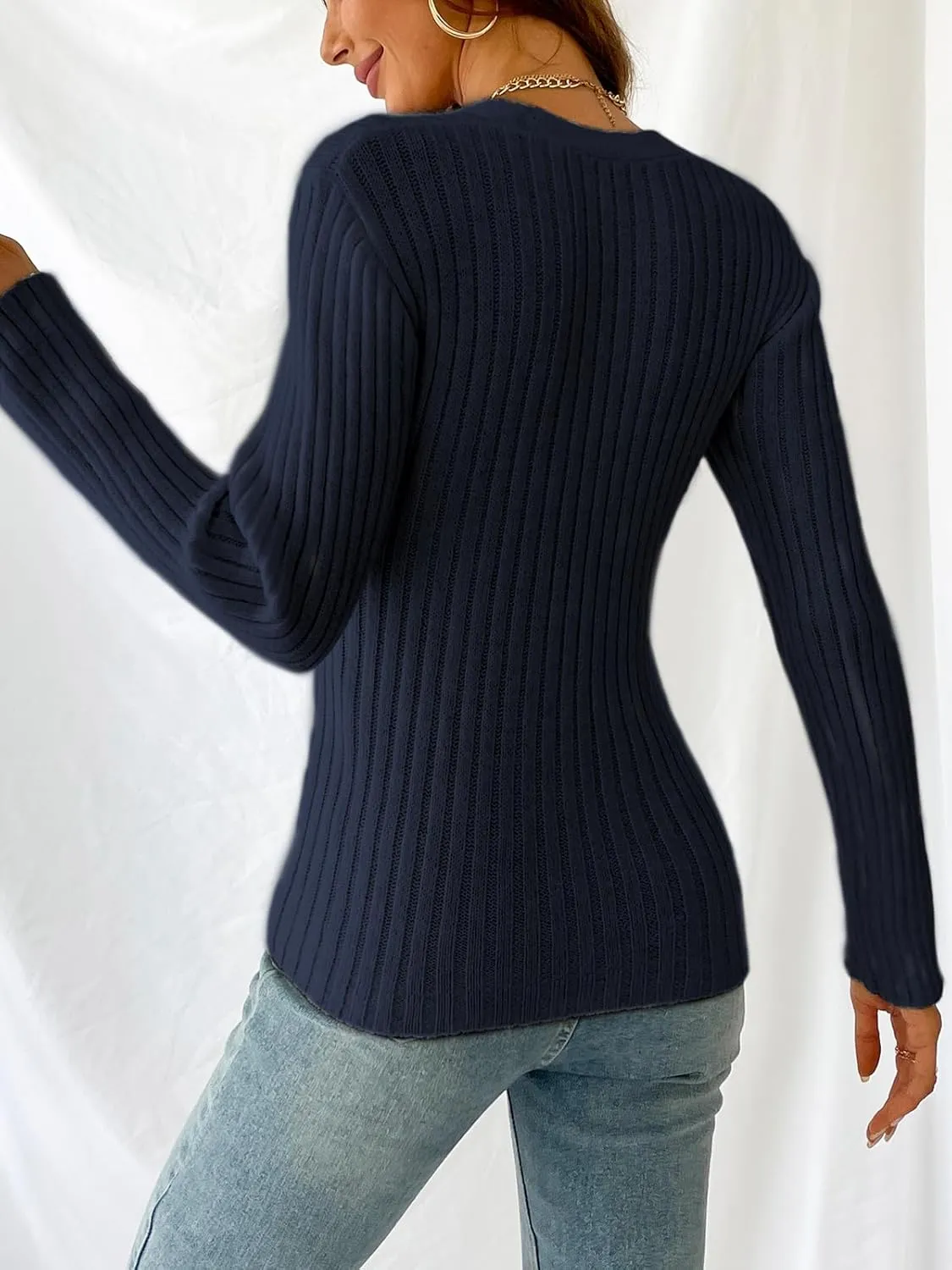 CUPSHE Women's Ribbed Long Sleeve Sweater 2024 Fall Knit V Neck Pullover Sweater Tops