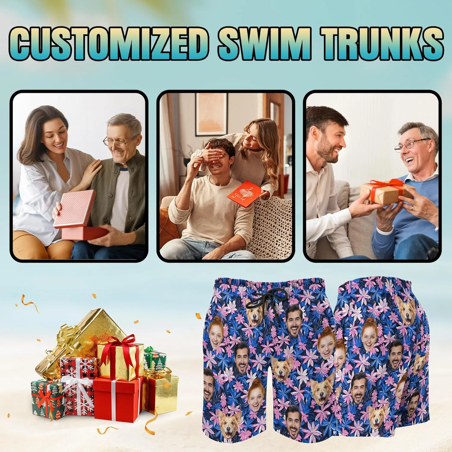 Custom Mens Swim Trunks with Face Personalized Photo Hawaiian Swim Shorts Customized Funny Beach Board Shorts