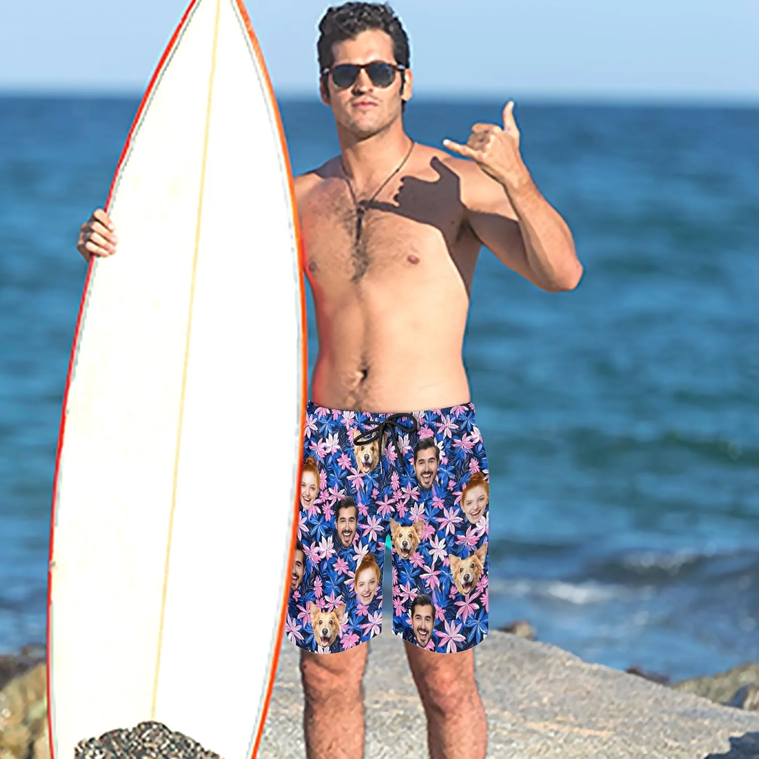 Custom Mens Swim Trunks with Face Personalized Photo Hawaiian Swim Shorts Customized Funny Beach Board Shorts