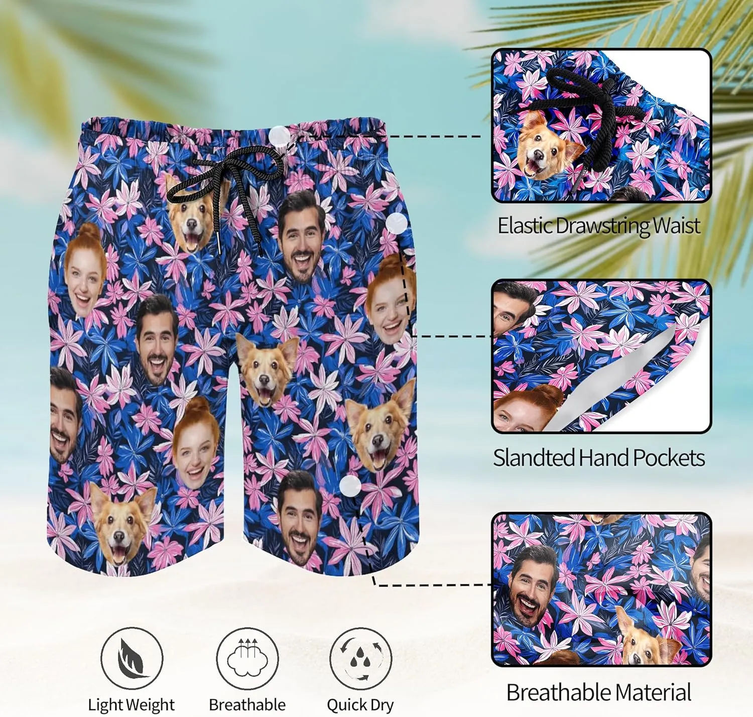 Custom Mens Swim Trunks with Face Personalized Photo Hawaiian Swim Shorts Customized Funny Beach Board Shorts