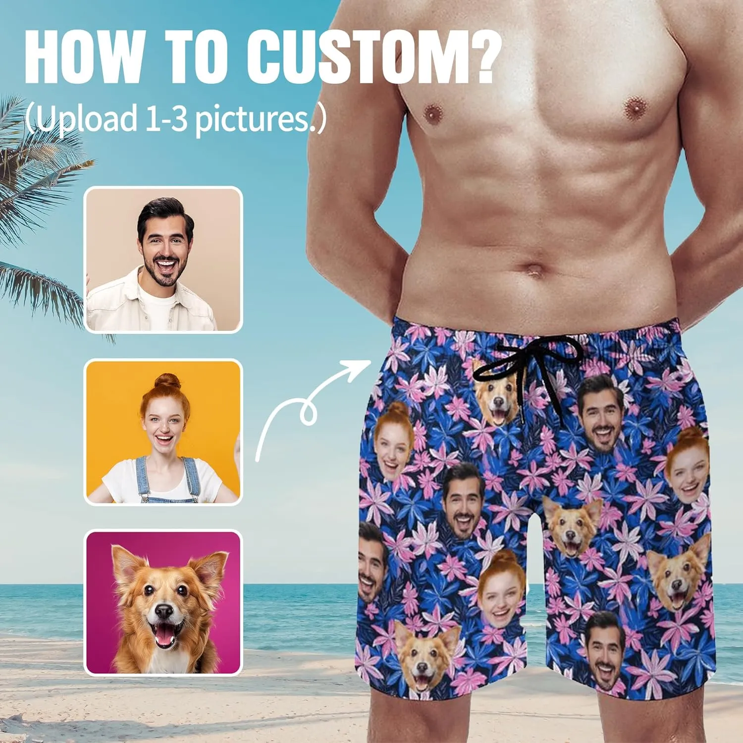 Custom Mens Swim Trunks with Face Personalized Photo Hawaiian Swim Shorts Customized Funny Beach Board Shorts
