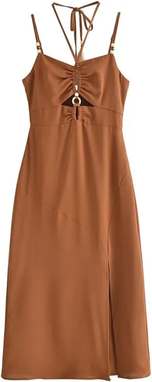 Cutout Midi Dress Women's Elegant Halter Neck Beaded Tassel Camisole Dress