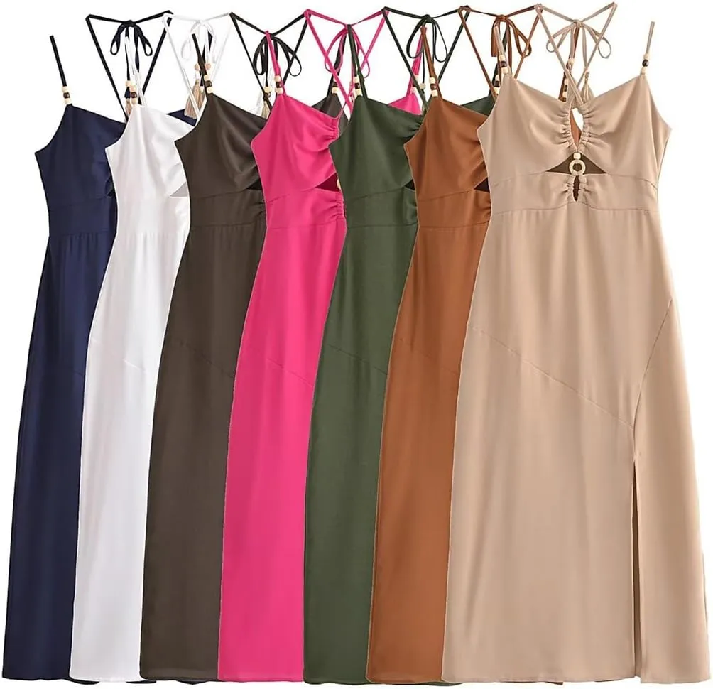 Cutout Midi Dress Women's Elegant Halter Neck Beaded Tassel Camisole Dress