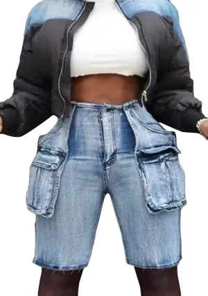 DINGANG Women's Cargo Jean Shorts High Waisted Knee Length Stretchy Bermuda Denim Shorts Flap Pockets