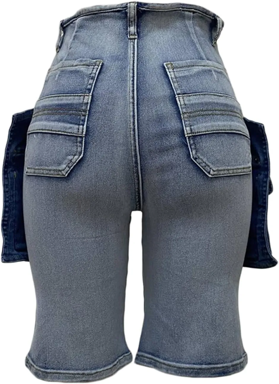 DINGANG Women's Cargo Jean Shorts High Waisted Knee Length Stretchy Bermuda Denim Shorts Flap Pockets