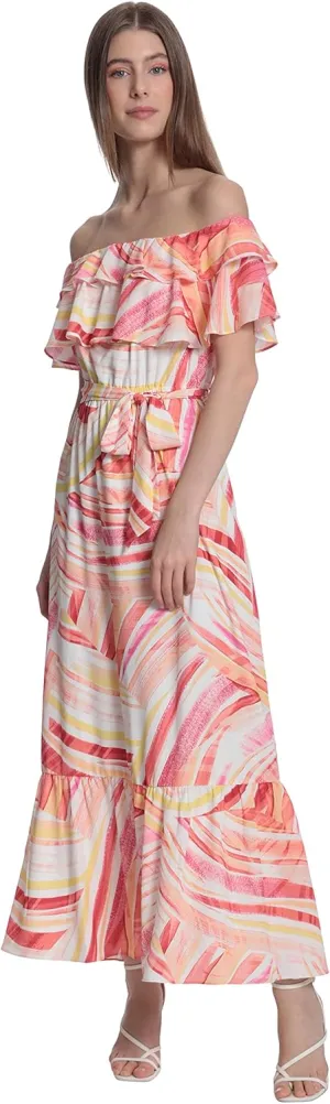 Donna Morgan Women's Maxi Dress with Off The Shoulder Ruffle and Bottom Skirt Tier