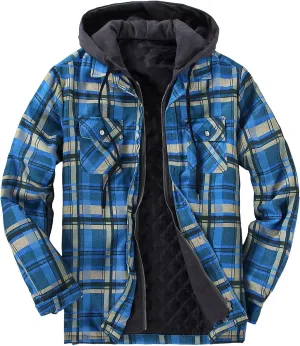 DOSLAVIDA Men's Flannel Shirt Jacket Quilted Lined Winter Coat Long Sleeve Button Dwon Shirt Warm Hooded Plaid Jacket