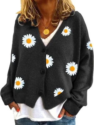 ebossy Women's Cute Embroidery Daisy Floral Knit Cardigan Open Front Button Up Y2K Artistic Aesthetic Sweater Outwear
