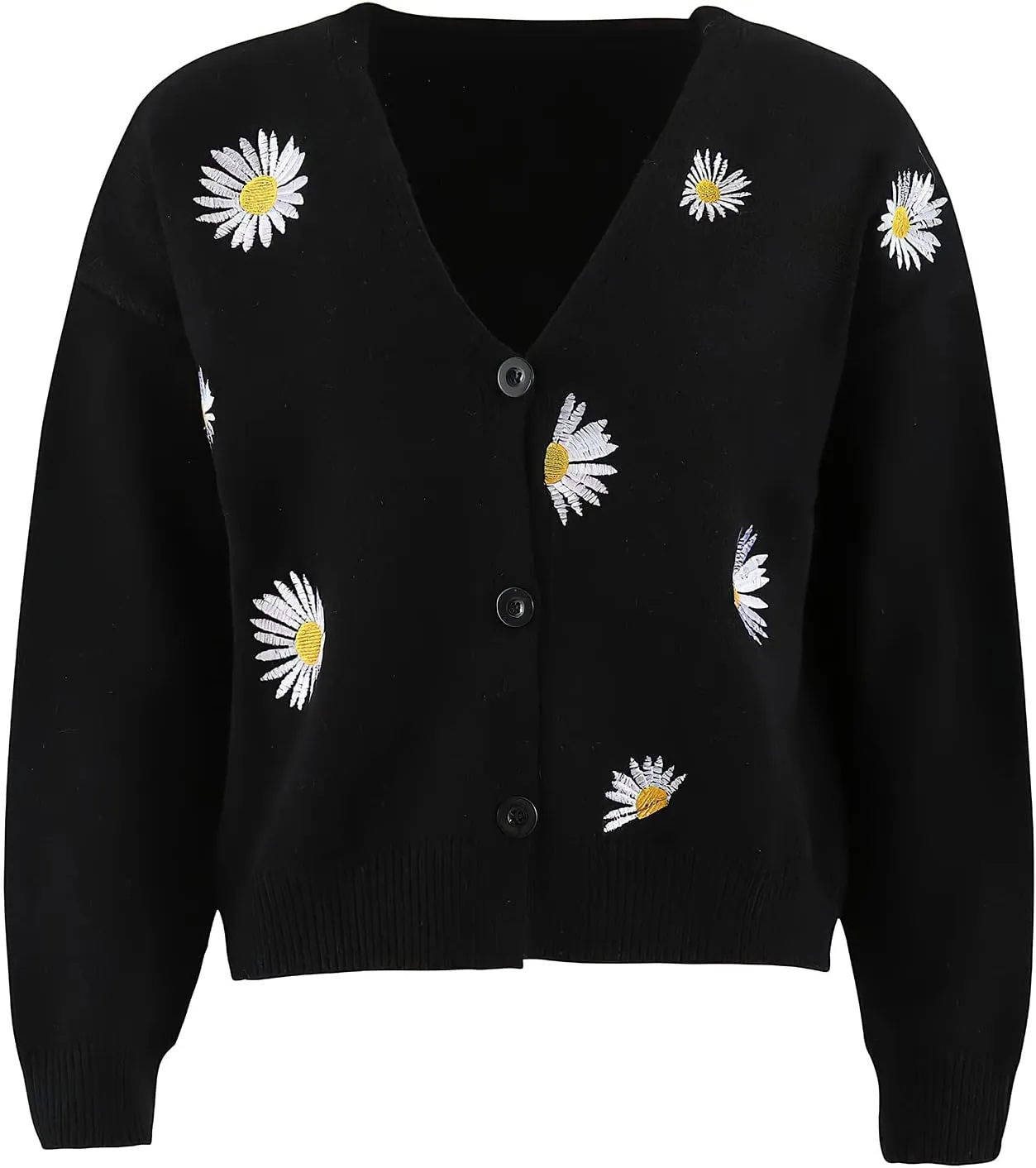 ebossy Women's Cute Embroidery Daisy Floral Knit Cardigan Open Front Button Up Y2K Artistic Aesthetic Sweater Outwear