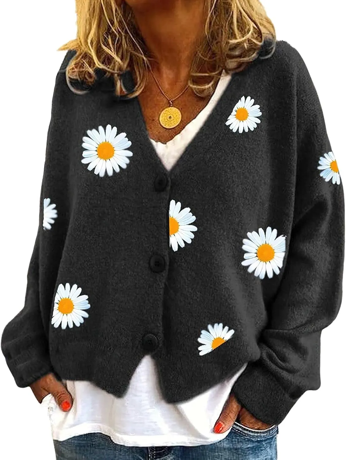 ebossy Women's Cute Embroidery Daisy Floral Knit Cardigan Open Front Button Up Y2K Artistic Aesthetic Sweater Outwear
