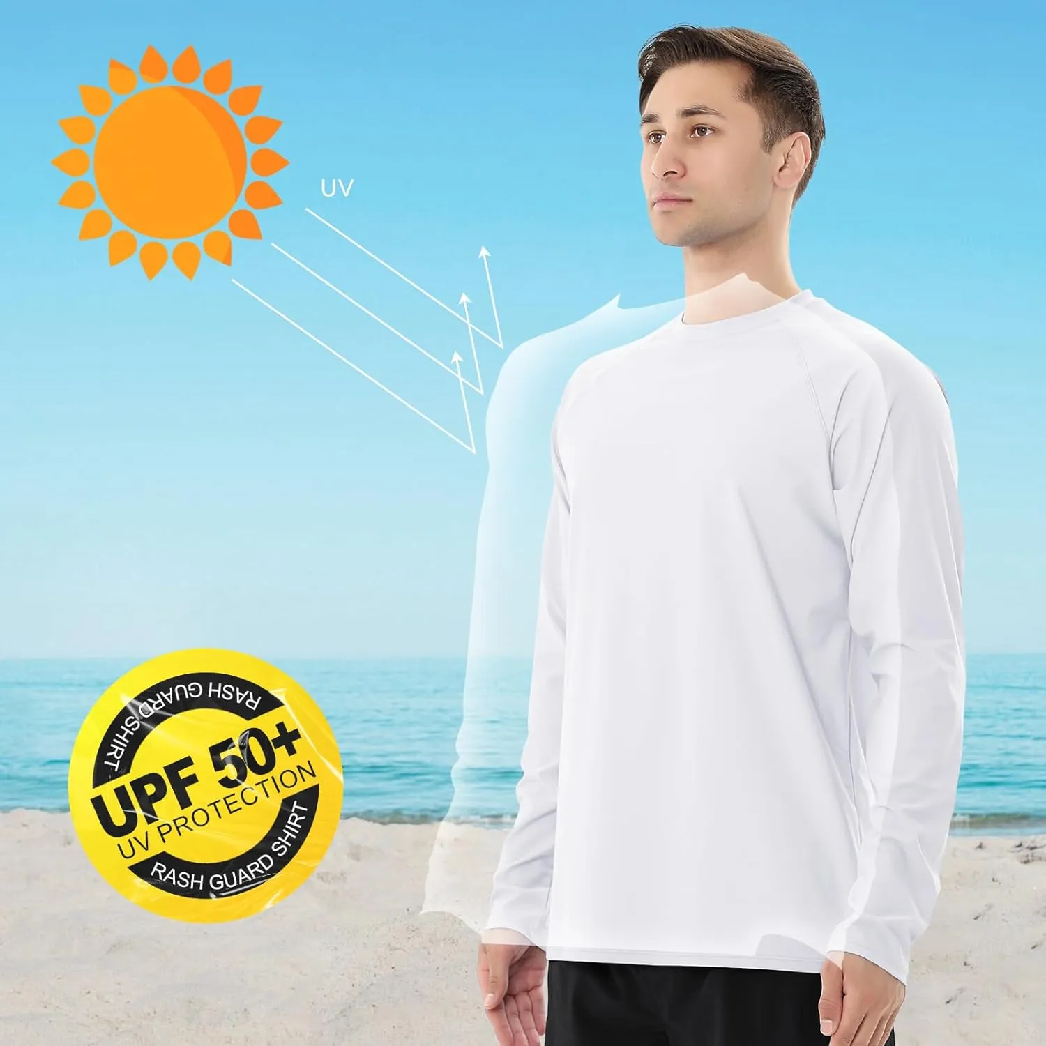 ESTAMICO 2 Pack Men Rash Guard Quick Dry Long Sleeve Swim Shirts UPF 50  UV Sun Protection Swim Tee