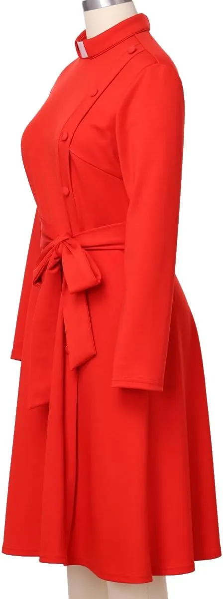 FAD-4U Church Clergy Dress for Women Spring/Autumn Long Sleeve Rows Buttons A Line Dress with Tab Collar and Belt