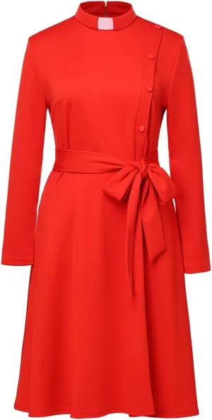 FAD-4U Church Clergy Dress for Women Spring/Autumn Long Sleeve Rows Buttons A Line Dress with Tab Collar and Belt