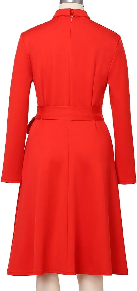 FAD-4U Church Clergy Dress for Women Spring/Autumn Long Sleeve Rows Buttons A Line Dress with Tab Collar and Belt