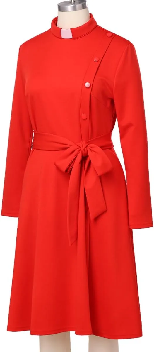 FAD-4U Church Clergy Dress for Women Spring/Autumn Long Sleeve Rows Buttons A Line Dress with Tab Collar and Belt