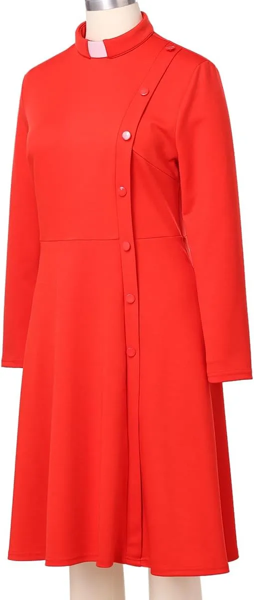 FAD-4U Church Clergy Dress for Women Spring/Autumn Long Sleeve Rows Buttons A Line Dress with Tab Collar and Belt