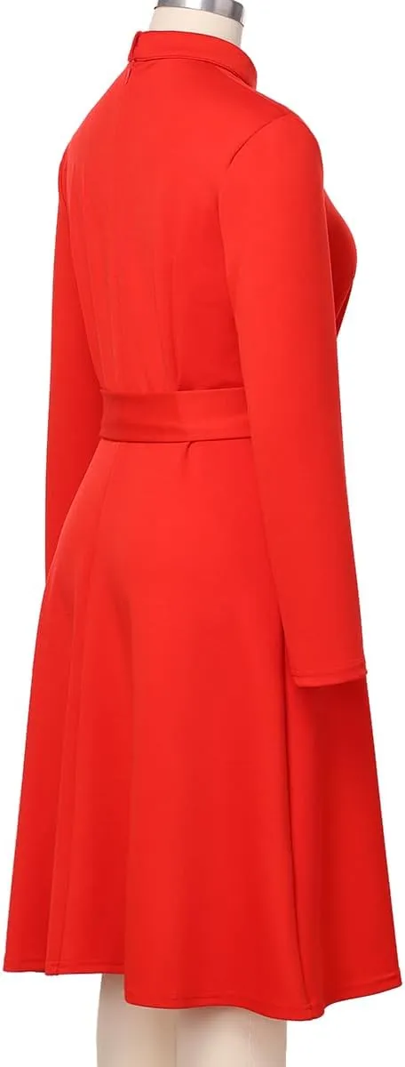 FAD-4U Church Clergy Dress for Women Spring/Autumn Long Sleeve Rows Buttons A Line Dress with Tab Collar and Belt