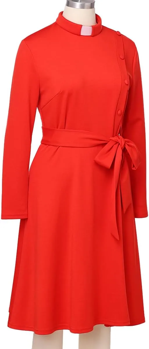 FAD-4U Church Clergy Dress for Women Spring/Autumn Long Sleeve Rows Buttons A Line Dress with Tab Collar and Belt