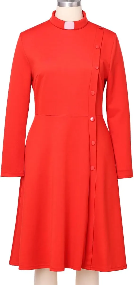FAD-4U Church Clergy Dress for Women Spring/Autumn Long Sleeve Rows Buttons A Line Dress with Tab Collar and Belt