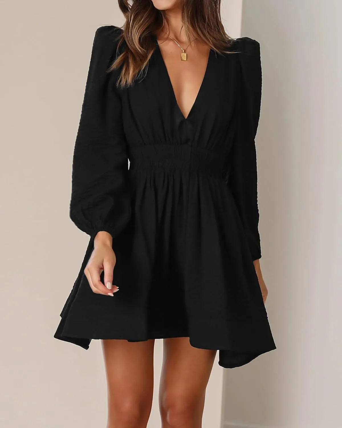 FAIABLE Mini Dress Deep V Sexy Dress Long Sleeve Dress for Women A-line High Waisted Casual Flowy Dress