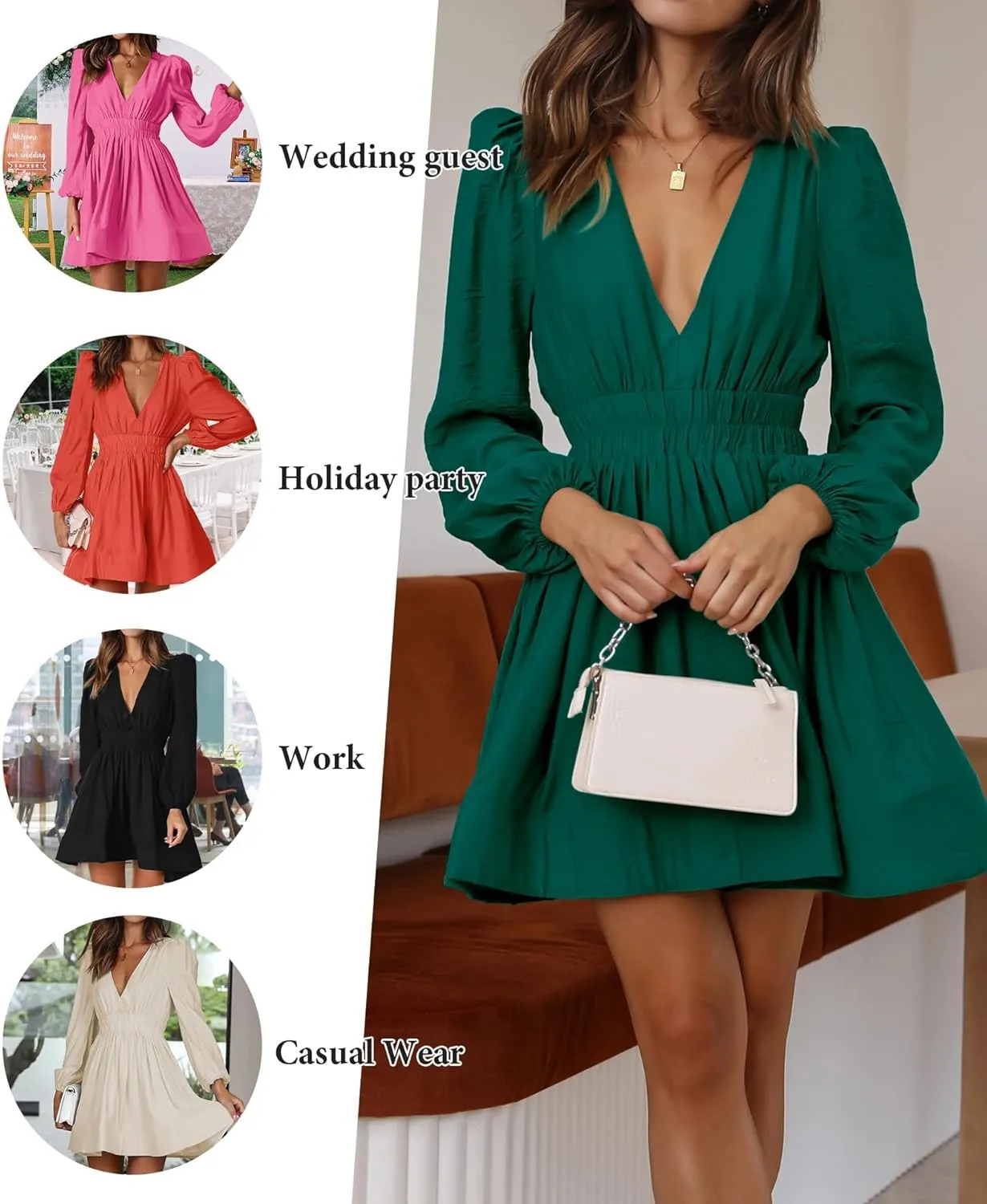 FAIABLE Mini Dress Deep V Sexy Dress Long Sleeve Dress for Women A-line High Waisted Casual Flowy Dress