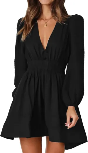 FAIABLE Mini Dress Deep V Sexy Dress Long Sleeve Dress for Women A-line High Waisted Casual Flowy Dress