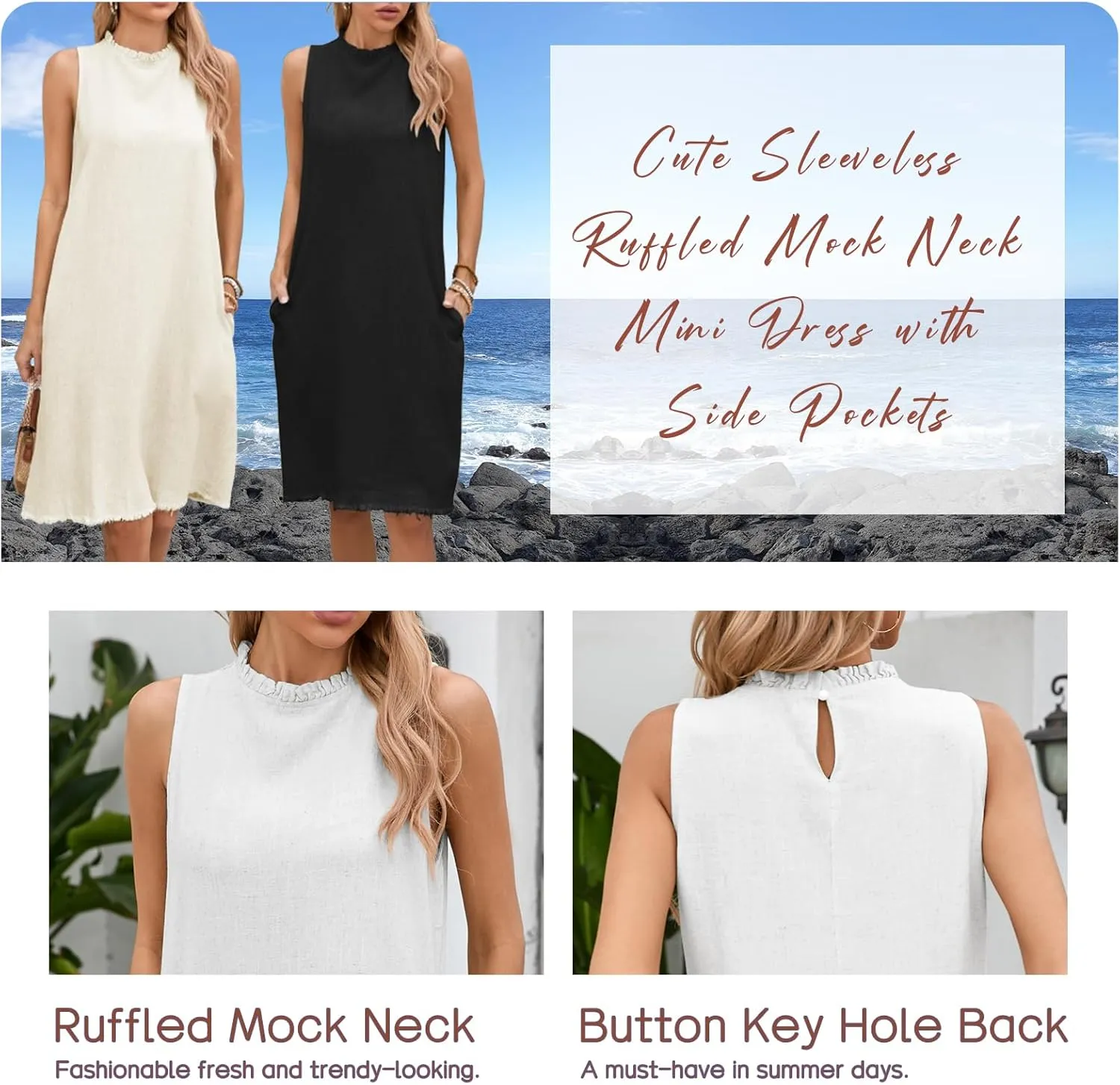 Famulily Summer Linen Dresses for Women Cute Sleeveless Ruffled Mock Neck Mini Dress with Side Pockets