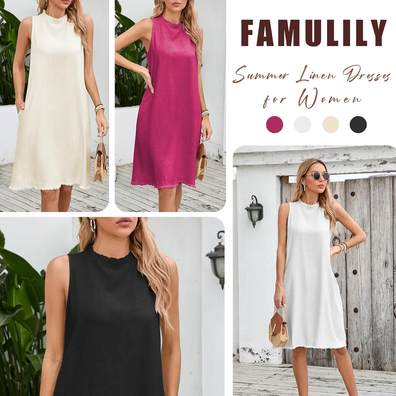 Famulily Summer Linen Dresses for Women Cute Sleeveless Ruffled Mock Neck Mini Dress with Side Pockets