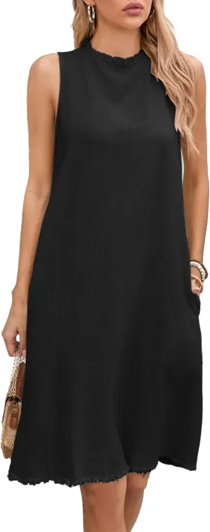 Famulily Summer Linen Dresses for Women Cute Sleeveless Ruffled Mock Neck Mini Dress with Side Pockets