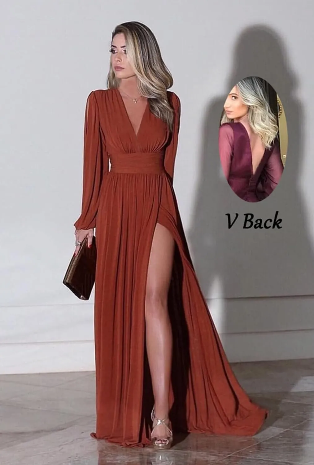 Fanao Women's Long Sleeve Bridesmaid Dresses with Slit Chiffon Prom Dresses V-Neck A-Line Formal Evening Party Dress BD005
