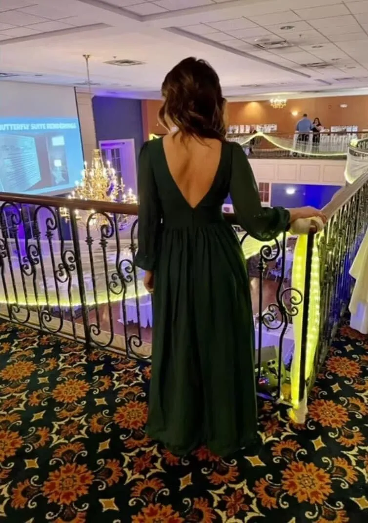 Fanao Women's Long Sleeve Bridesmaid Dresses with Slit Chiffon Prom Dresses V-Neck A-Line Formal Evening Party Dress BD005