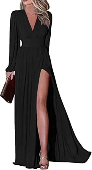 Fanao Women's Long Sleeve Bridesmaid Dresses with Slit Chiffon Prom Dresses V-Neck A-Line Formal Evening Party Dress BD005