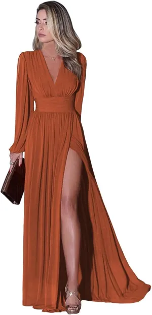 Fanao Women's Long Sleeve Bridesmaid Dresses with Slit Chiffon Prom Dresses V-Neck A-Line Formal Evening Party Dress BD005