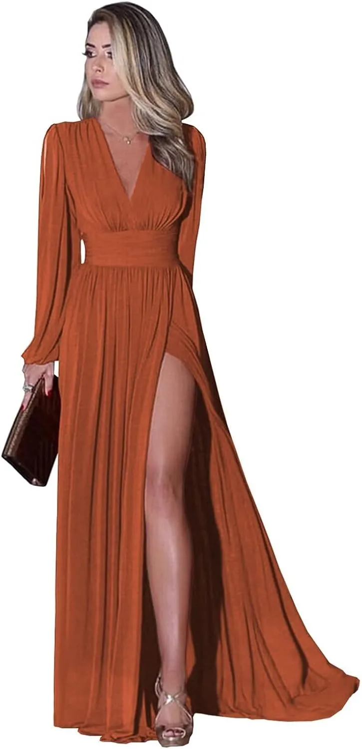Fanao Women's Long Sleeve Bridesmaid Dresses with Slit Chiffon Prom Dresses V-Neck A-Line Formal Evening Party Dress BD005