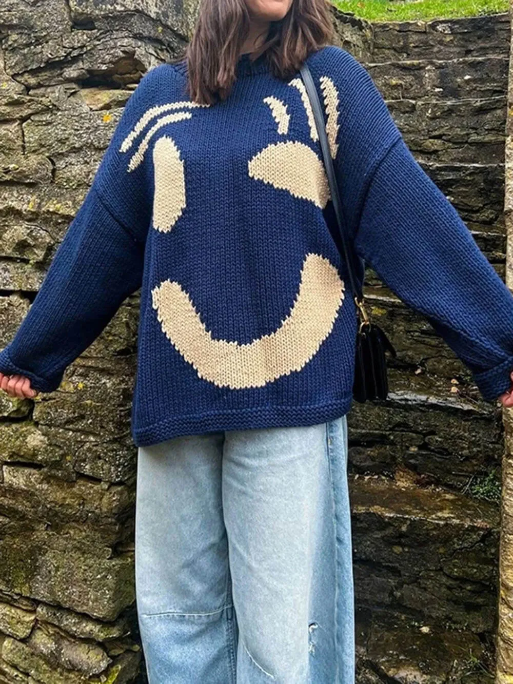 Feel Good Knit Colorful Smiley Face Loose Pullover Sweater