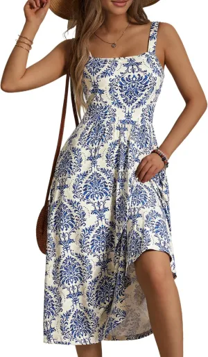 FENSACE Women's Summer Strapped Square Neck Boho Floral A Line Midi Dress with Pockets