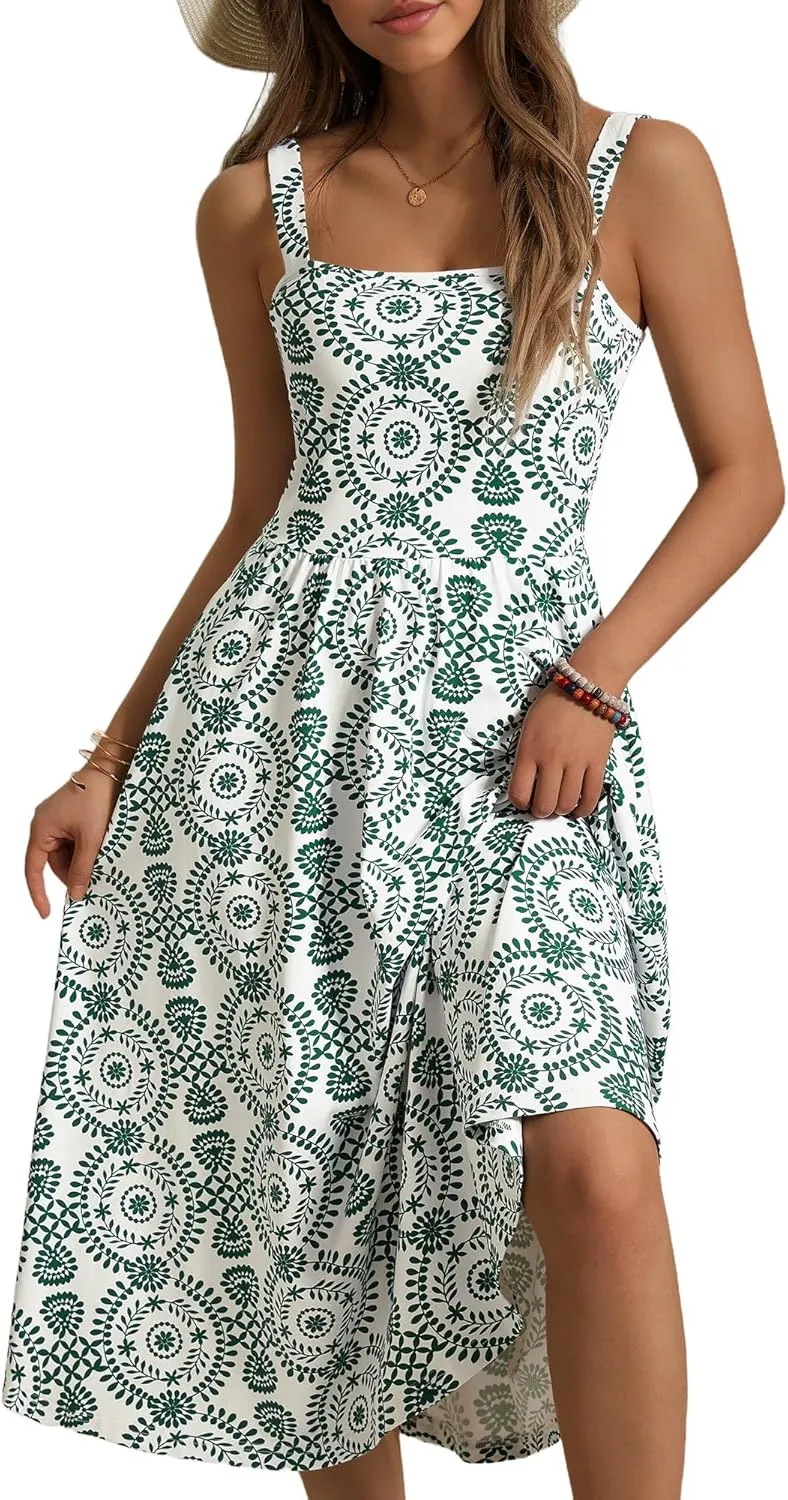 FENSACE Women's Summer Strapped Square Neck Boho Floral A Line Midi Dress with Pockets