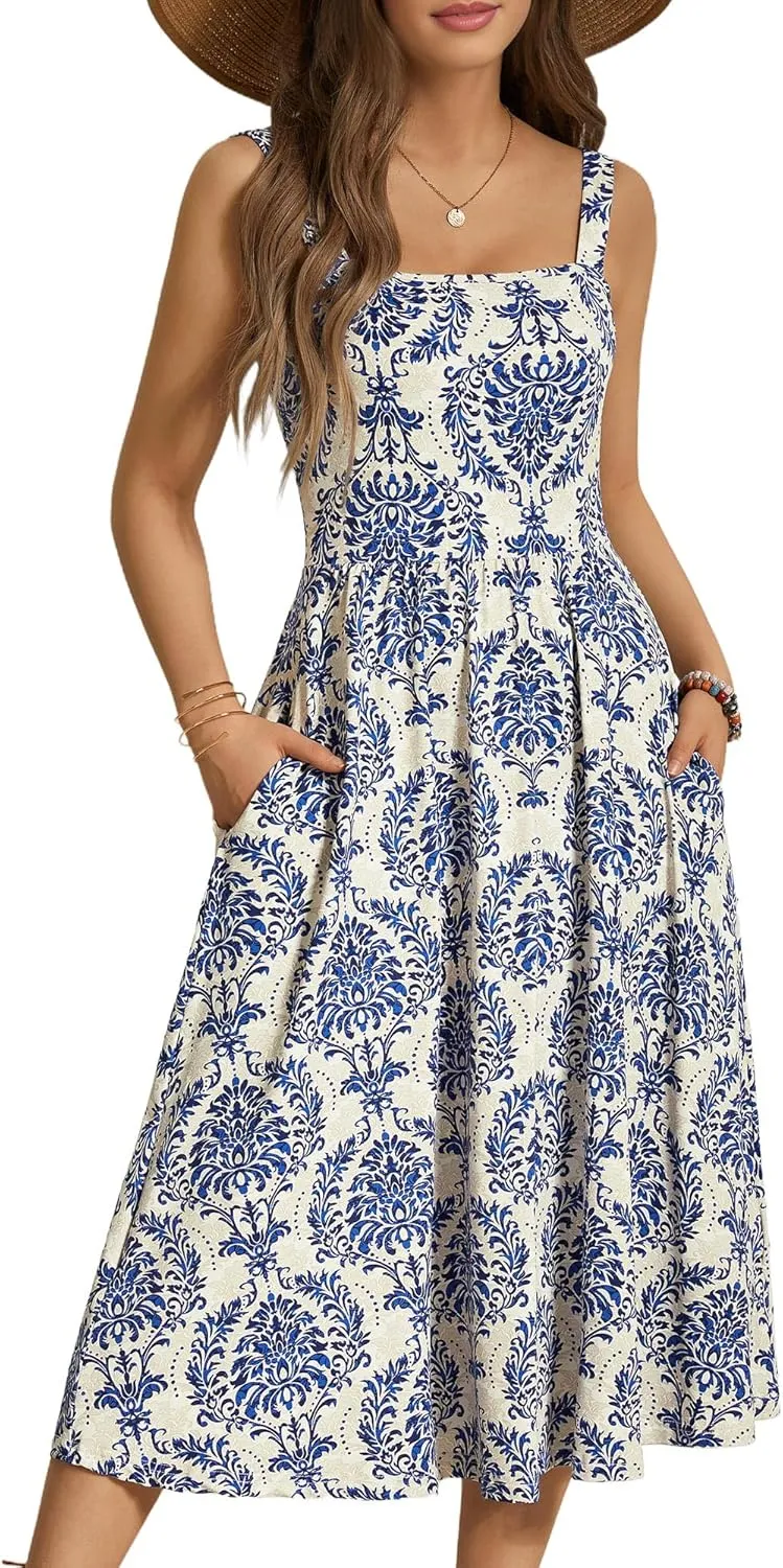 FENSACE Women's Summer Strapped Square Neck Boho Floral A Line Midi Dress with Pockets