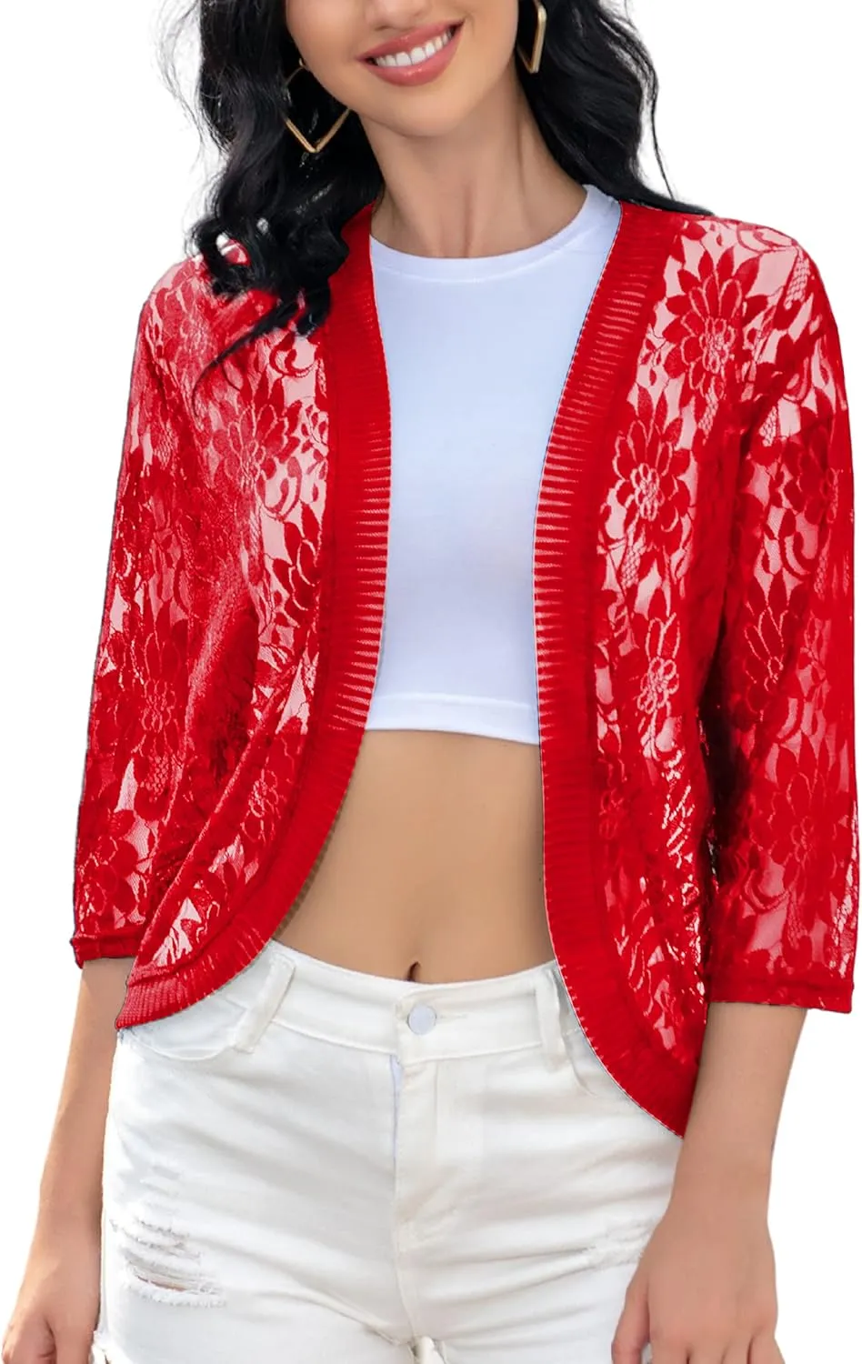 FindThy Women's Floral Lace Shrug Cardigan 3/4 Sleeve Crochet Bolero Jacket